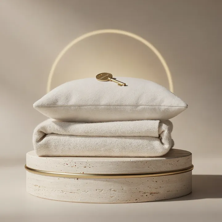 A folded blanket and pillow with a room key: settling in on arrival day