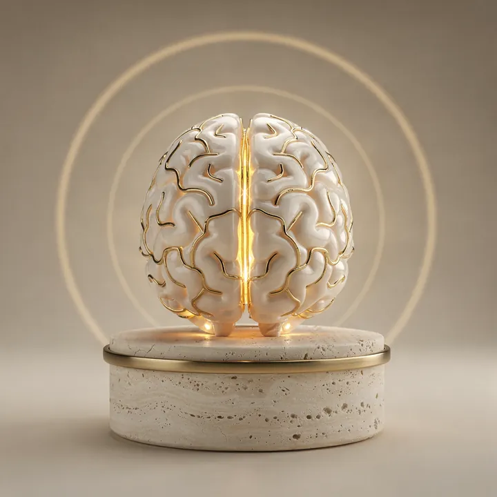 A porcelain brain with glowing gold pathways: addiction rewires the reward system
